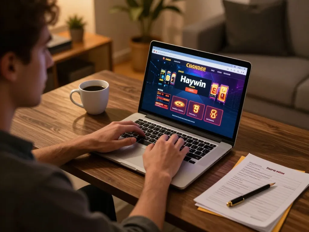 Player enjoying an online Haywin casino game on a laptop in a cozy home environment.