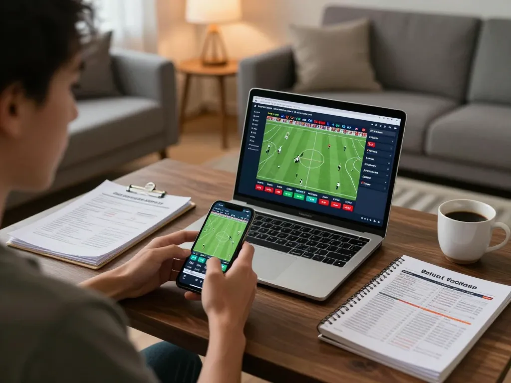 Live betting experience focused on ผลบอลวันนี้ with smartphone in a cozy home setting, showcasing responsible gambling.