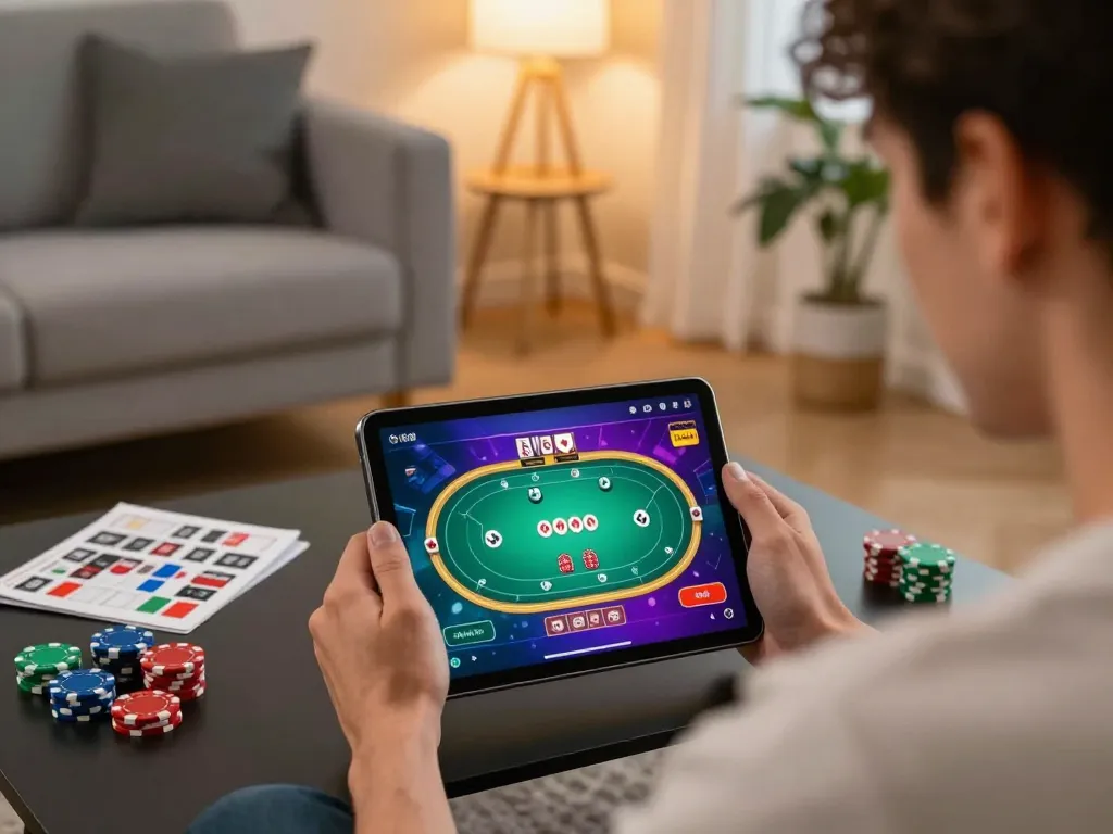 fa88 online gaming enthusiast enjoying a poker game on a tablet at home with chips and strategy guide