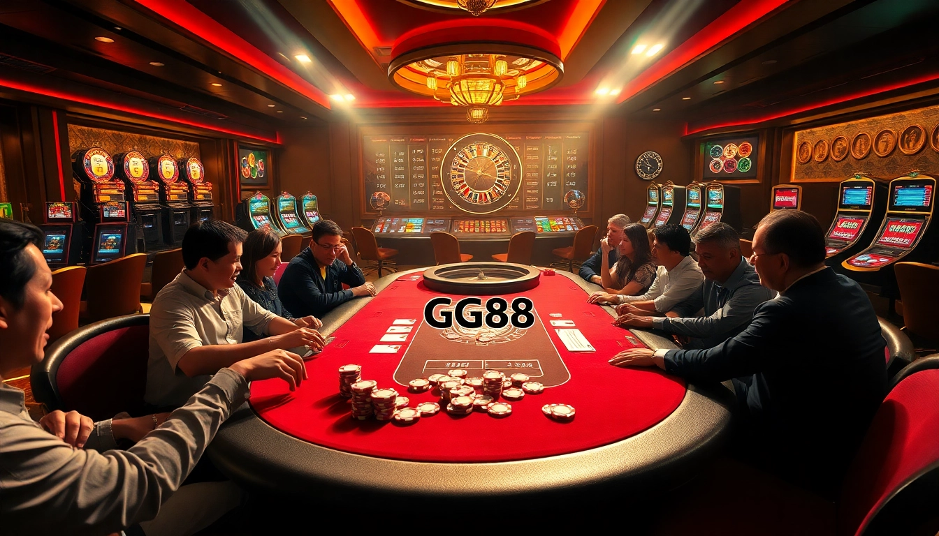 Players engaging in high-stakes poker at a luxurious GG88 casino table with chips and cards.