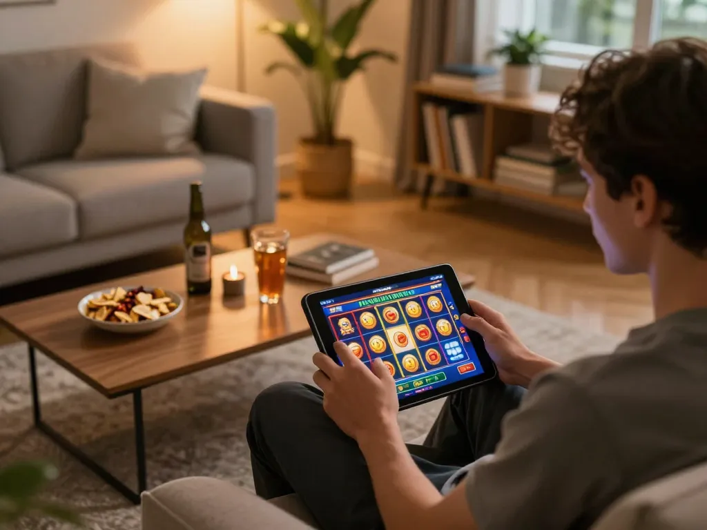 Player enjoying thrilling slots on F168 platform in a warm home setting