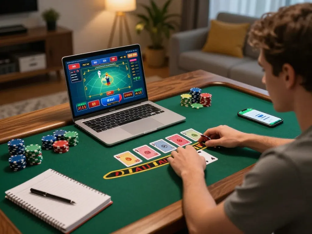 Player enjoying an exciting game of blackjack at home with LC88, showing engaged gameplay and strategy notes.