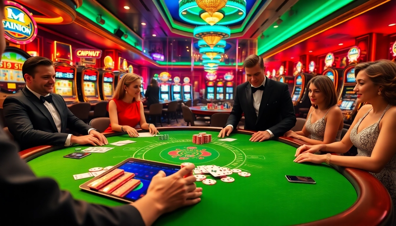 kuwin poker players at a lavish casino table, surrounded by colorful chips and cards.