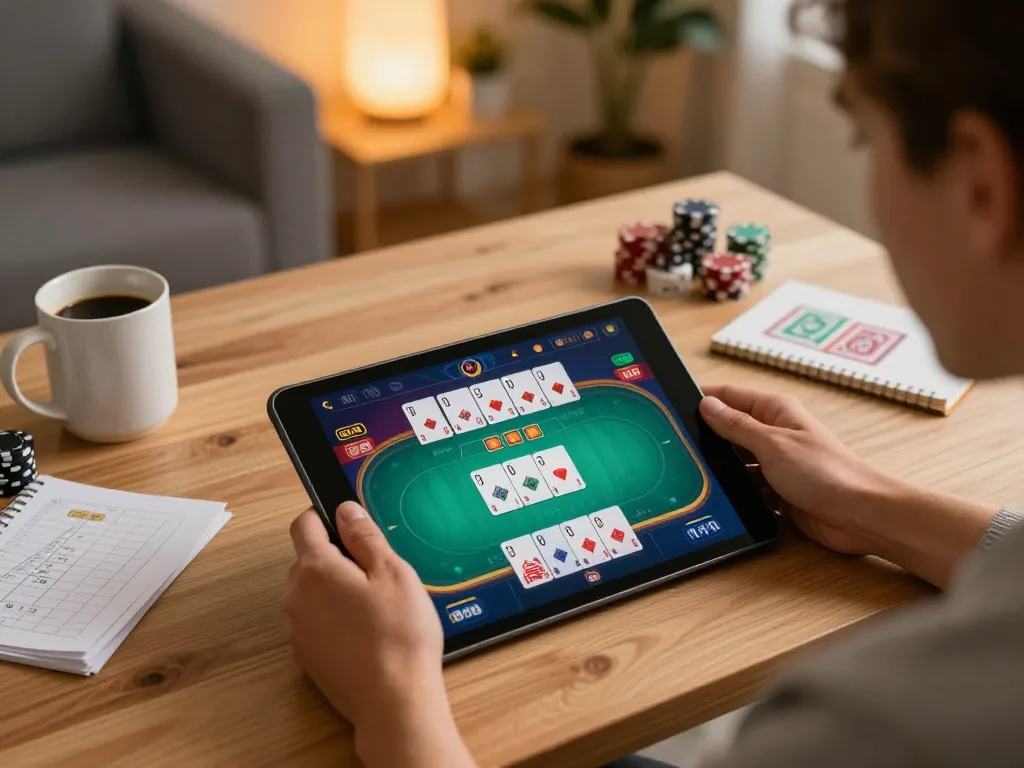 Engaging online poker gameplay experience on GO99 tablet with cards and chips shown.