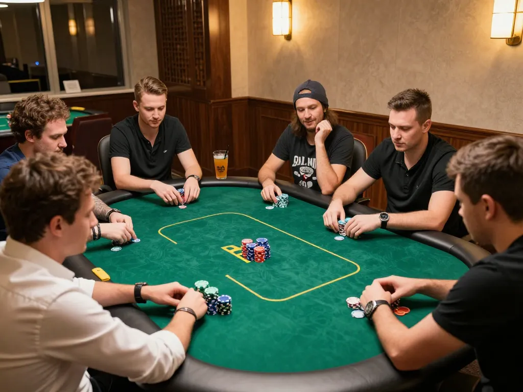 Players enjoy competitive poker gameplay at 98win's upscale venue, showcasing strategy and engagement.