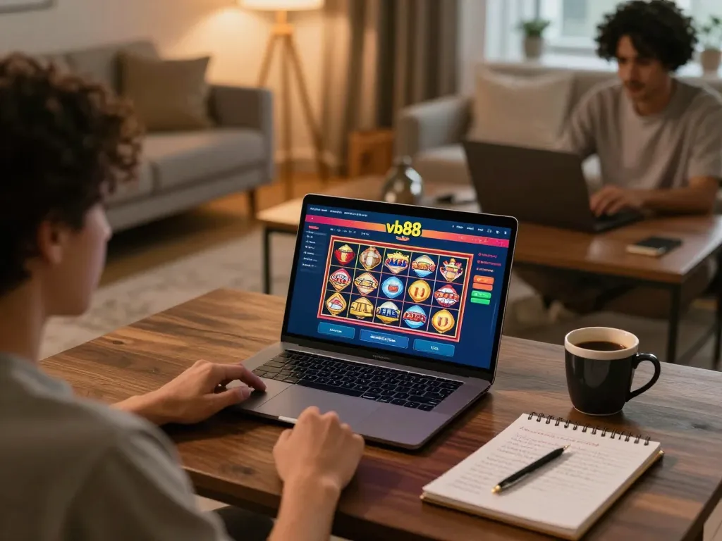 Engaging in online vb88 games with a laptop showcasing vibrant slots and poker tables.