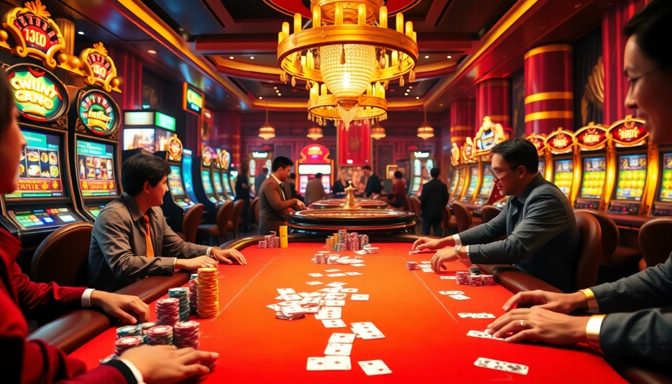 Engaged players at an OK8386 casino gaming table showcasing vibrant poker chips and action.