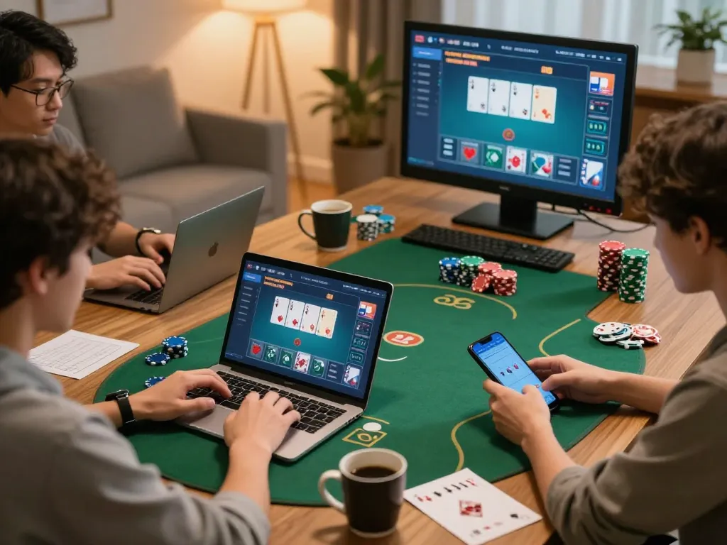 Players utilizing mobile devices for online casino gaming at home, emphasizing strategic engagement with 123B.
