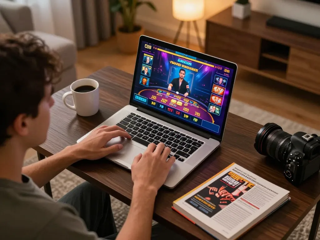 Player engaged in nk88 online casino game from cozy home setup, showcasing vibrant graphics and gaming strategy.