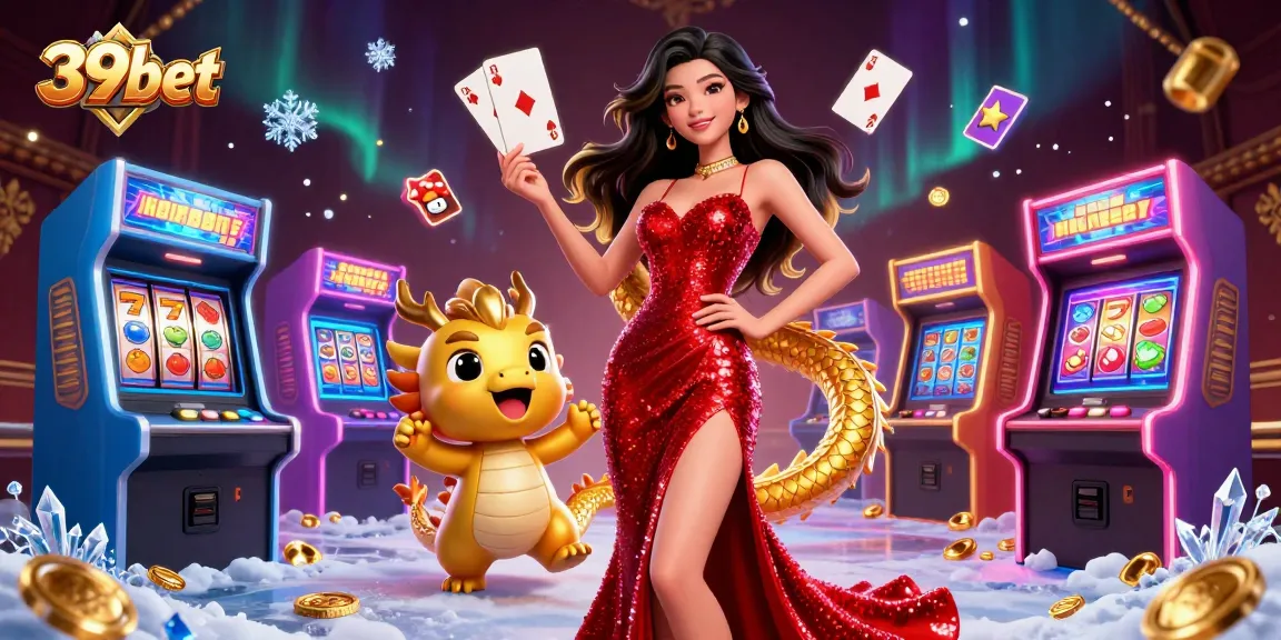 Engage with thrilling gameplay at 39bet, showcasing a vibrant casino atmosphere with a stunning woman and golden dragon mascot.