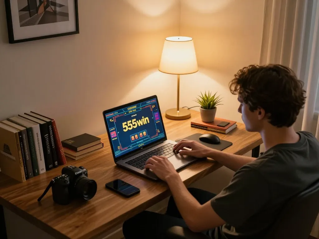 Maximize gaming strategy with 555win on a cozy laptop setup, emphasizing relaxation and focus in online gambling.