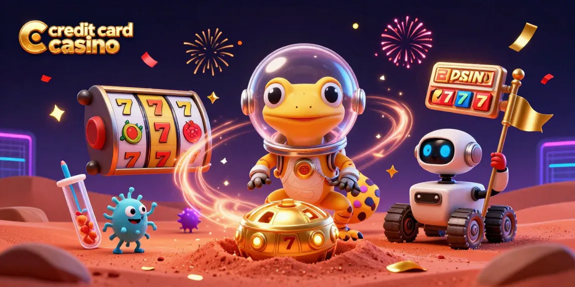 A Martian gecko exploring a golden casino as a credit card casino promotional scene filled with vibrant graphics.