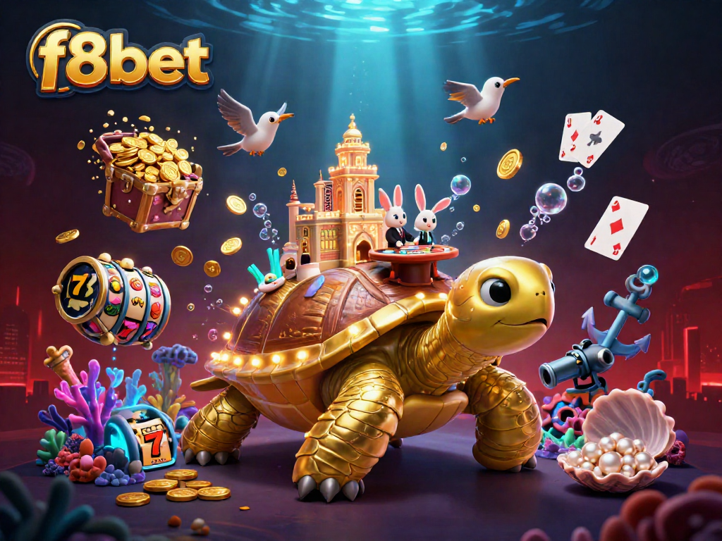 Experience the vibrant world of f8bet with a golden tortoise casino scene filled with treasure and excitement.