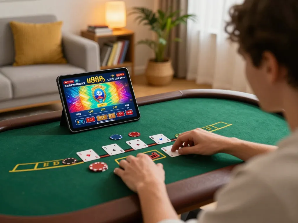 Player enjoying blackjack on u888 mobile app in cozy home setting