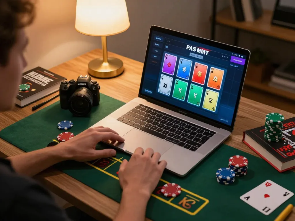Engaging gameplay scene featuring ta88e blackjack session on a player's laptop with vibrant cards and chips.