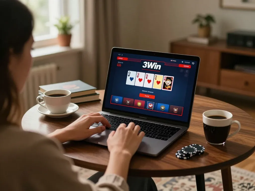 3win player strategizing during online poker session in cozy home environment