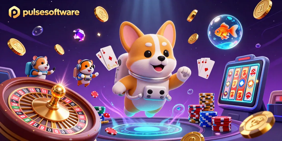 Experience pulsesoftware's dynamic space casino with a whimsical astronaut corgi, floating coins, and vibrant gaming elements.