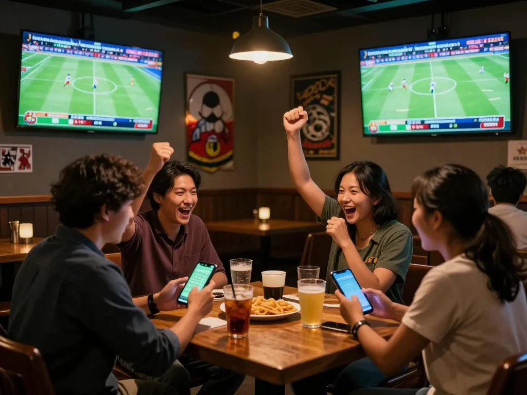 Patrons engaging in sports betting at a lively bar, utilizing the nhandinhkeonhacai app for better odds.