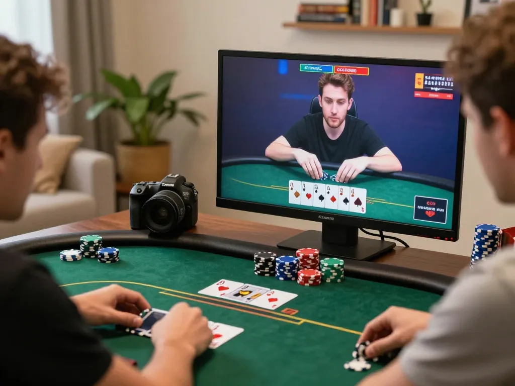 Player analyzing their move in a ko66 online poker game, vibrant colors and visible strategy elements.