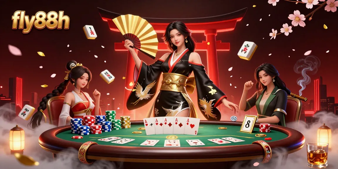 Engage with fly88h's thrilling gaming experience featuring an elegant Asian woman in a vibrant casino scene.