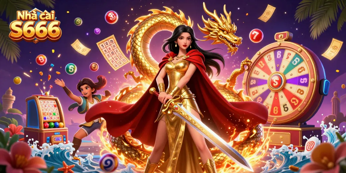 Experience thrilling action with Nhà cái S666 as a warrior queen dominates the scene in this vibrant casino illustration.