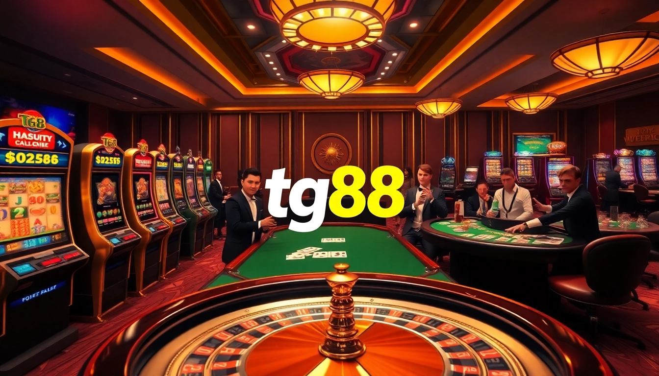 Experience the thrill of tg88 gaming with vibrant slot machines and poker tables in a luxurious casino.