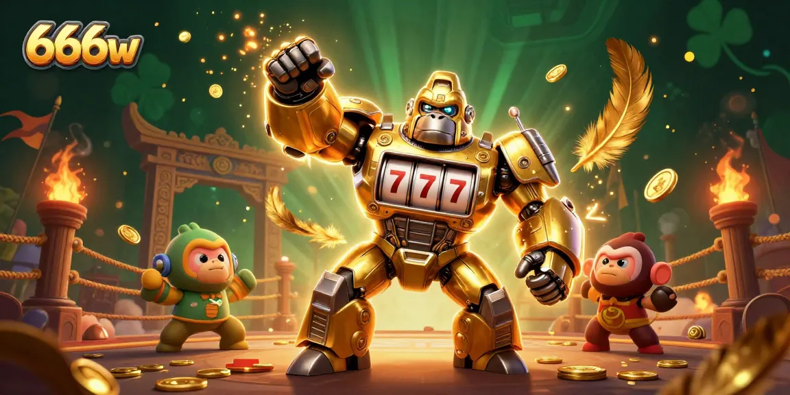 Engage with the 666w golden gorilla mech amidst dynamic gambling elements, showcasing excitement in online betting.