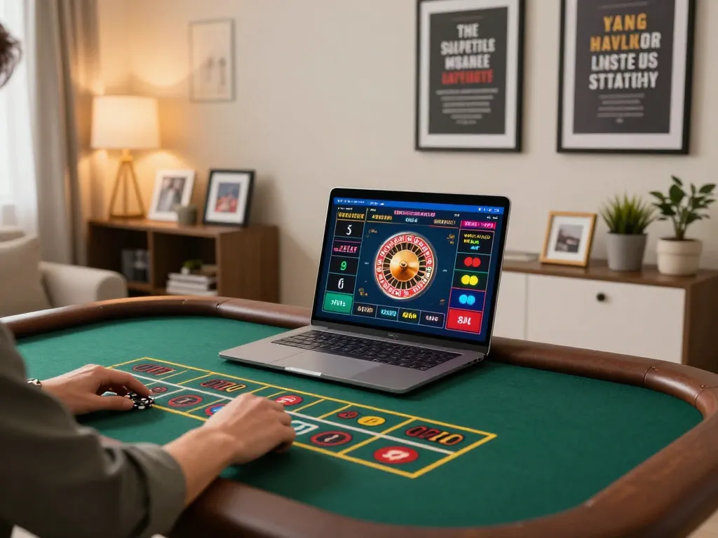 uk88 player betting on an online roulette game at home with stylish decor and laptop.