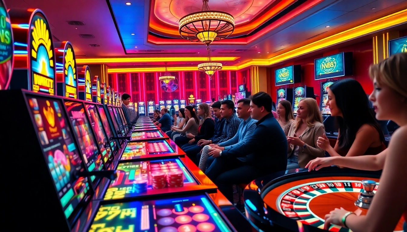 Players enjoying a thrilling gaming experience at https://n188.bid/, surrounded by vibrant casino elements.