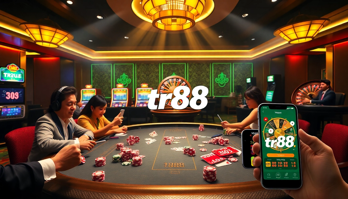 Experience the excitement of the tr88 app in a vibrant online casino setting with poker, slots, and roulette.