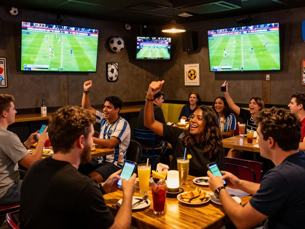 Excited patrons engaging in sports betting while watching ฟุตบอล at a lively bar
