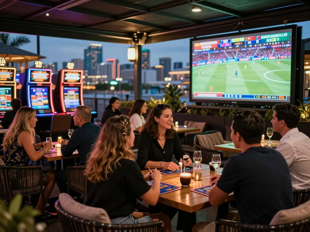 People discussing sports betting strategies at a vibrant casino terrace, emphasizing vua99.