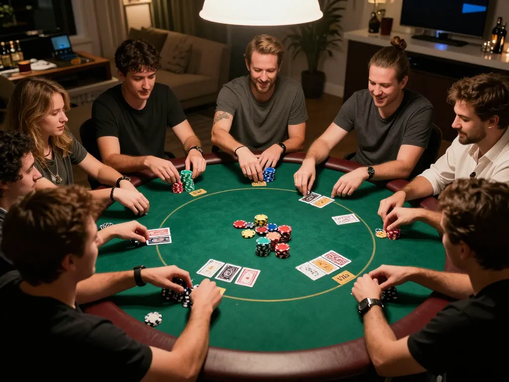 Boutiq Switch V4 enhances the excitement of a friendly poker game with vibrant chips and engaged players.