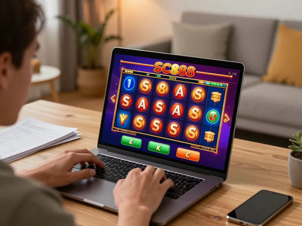 Player enjoying an exciting sc88 slot game on a laptop at home, atmosphere showcasing online gambling.