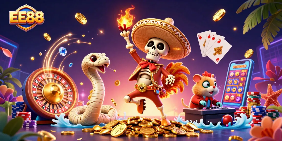 EE88 brings thrilling casino experiences to life with a vibrant victory dance scene of cartoon characters.