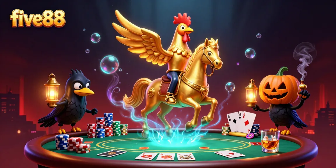 Engage in thrilling action at five88 casino with a whimsical scene of a golden rooster, spectral horse, and poker elements.