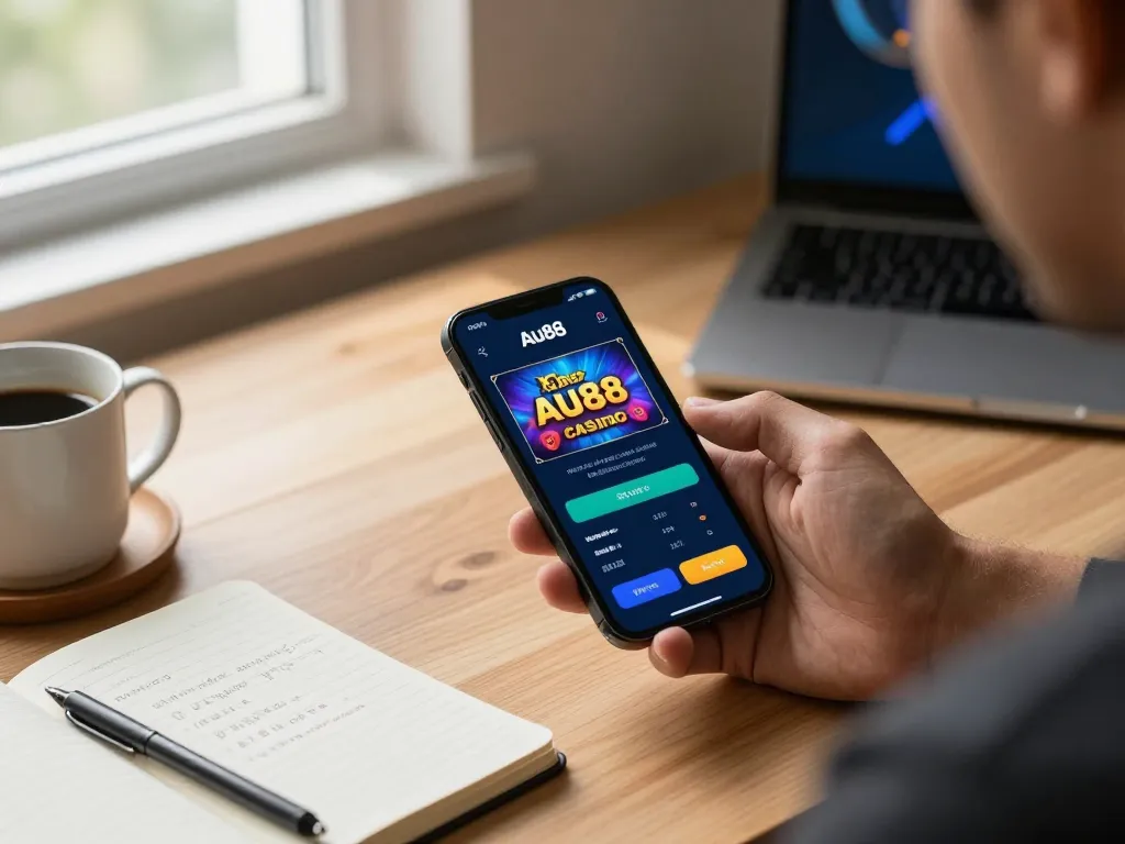 Player enjoying Au88 mobile gaming experience on smartphone with strategic notes nearby.