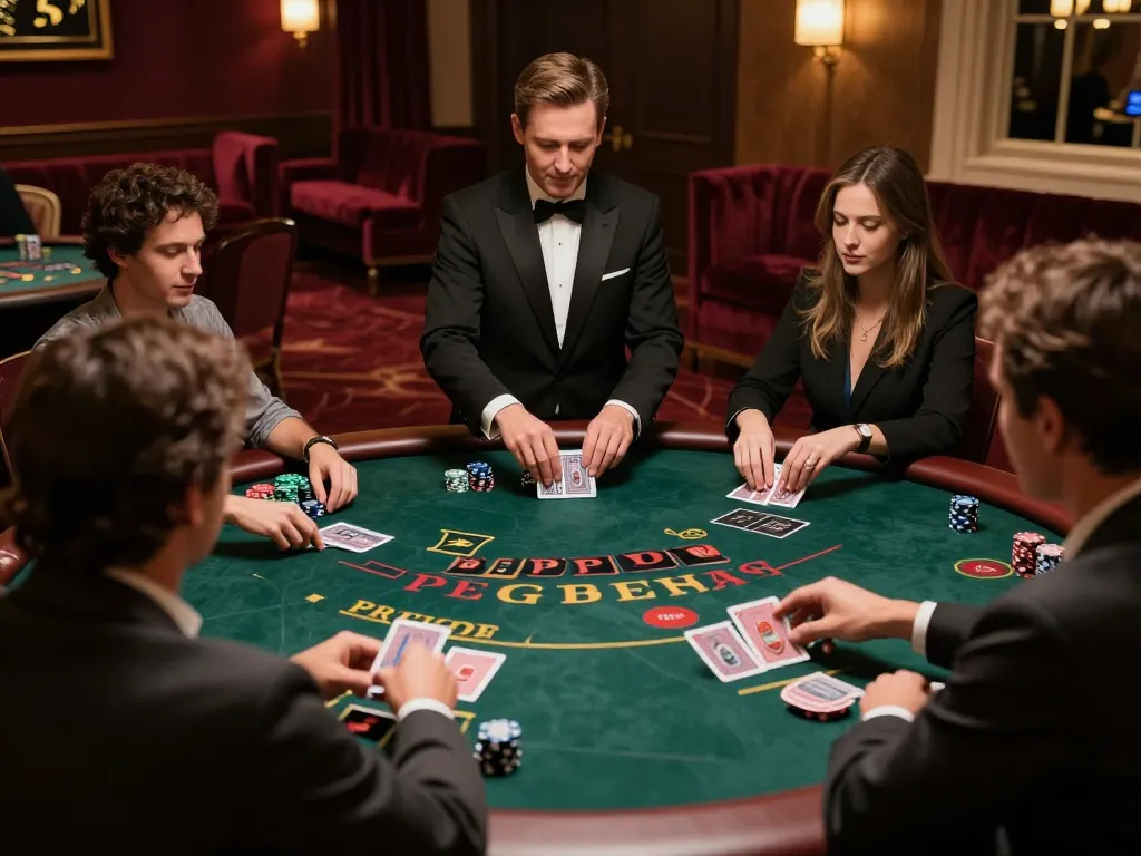 Engaged players at dh88.bio blackjack table strategizing their bets amidst an elegant casino atmosphere.