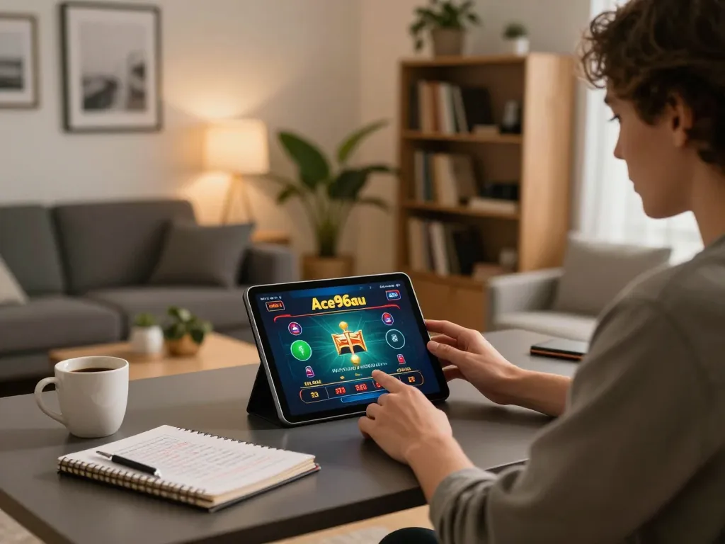 A player immersed in online gaming on Ace96au, enjoying a cozy and professional setup with a tablet and strategy notes.