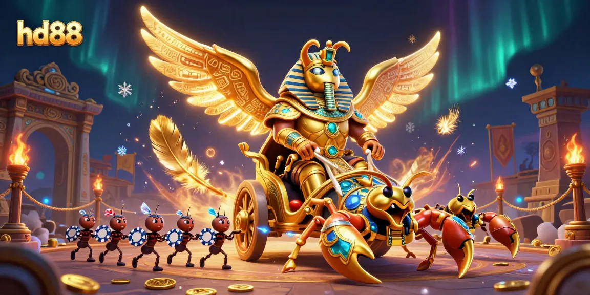 Experience the excitement of hd88, featuring a golden scarab beetle in a dynamic casino scene filled with poker chips and gold coins.