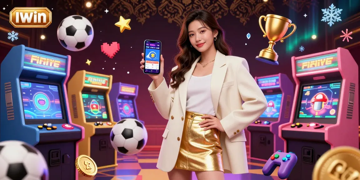 IWIN promotes an engaging sports betting app featuring a friendly Asian woman showcasing a smartphone in a dynamic casino scene.