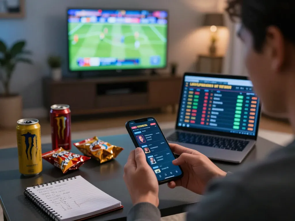 Person engaging in sports betting on WW88 app at cozy home setup, drinks and snacks visible.