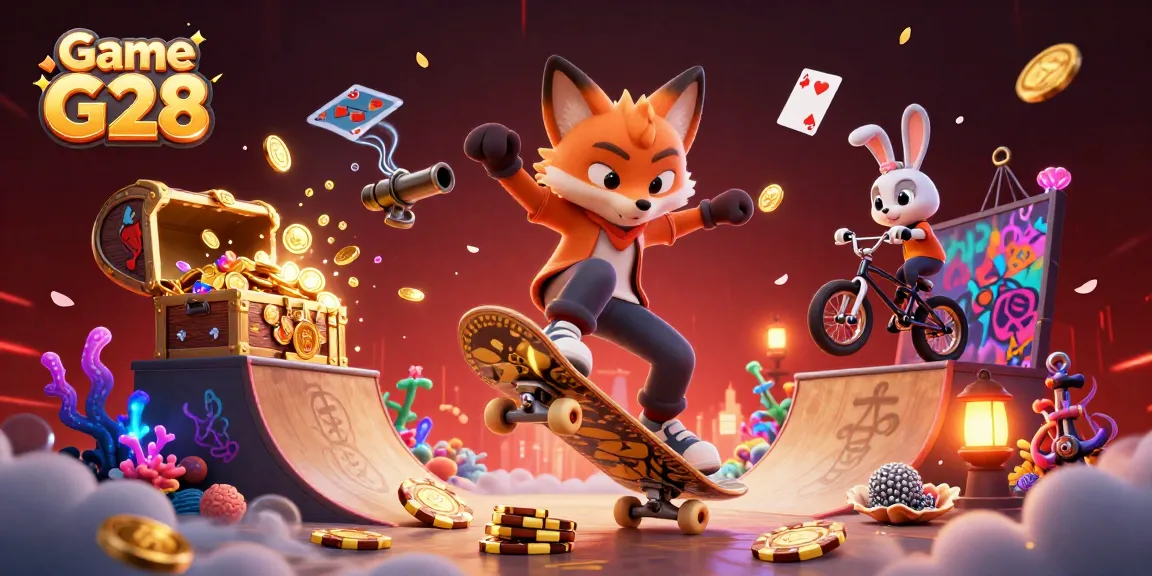 Experience Game G28 excitement with a vibrant scene of cartoon characters and gambling elements.