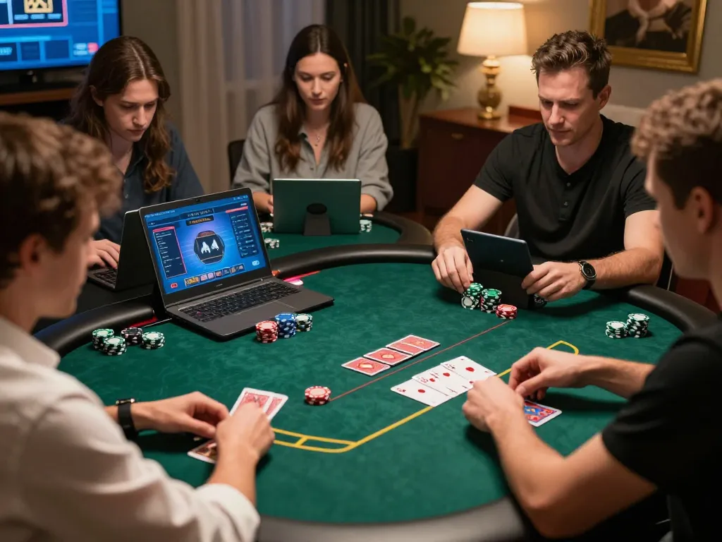 Players engaging in F8bet online poker, showing excitement and strategy in a digital gaming environment.