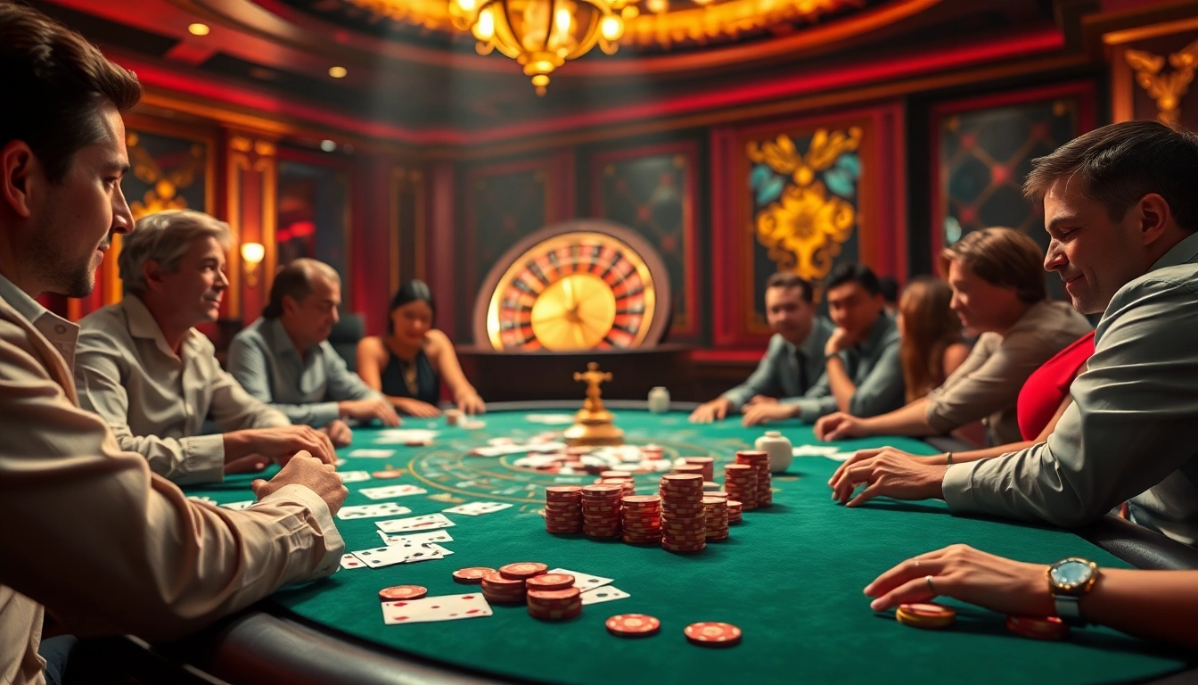 Engaged gamblers at a lively 88 CLB casino table, showcasing poker chips and cards amidst vibrant ambiance.