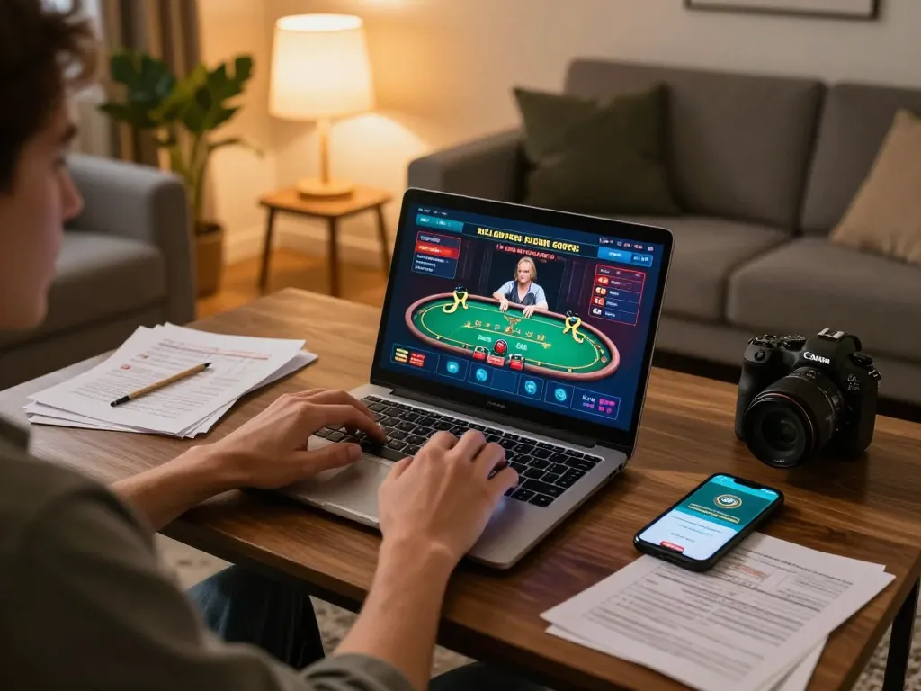 Engaged player using Bsport to strategize online gambling from a cozy home setup