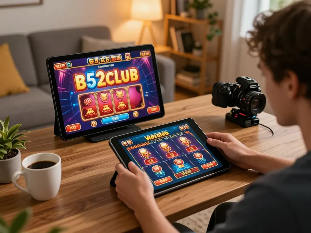 B52club mobile casino gameplay in a cozy living room, showcasing engaging graphics and player focus.