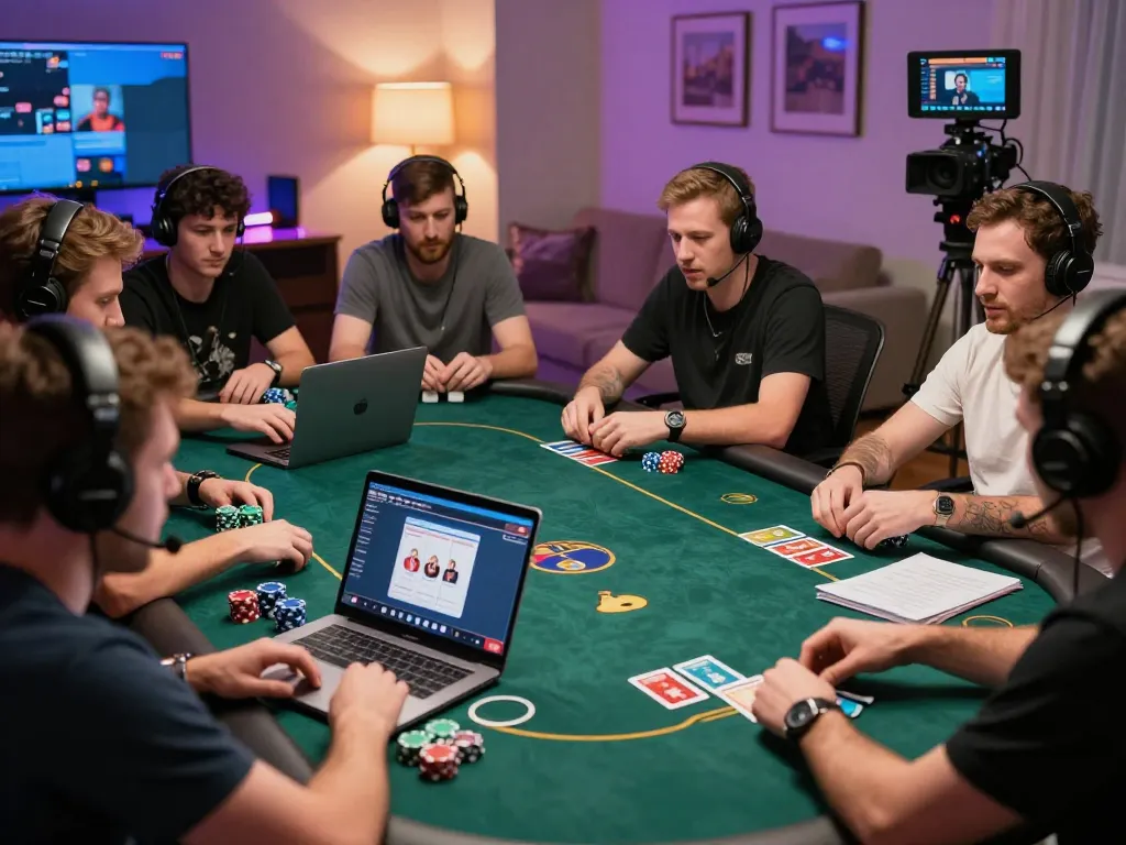 U888 players strategizing in an online poker game at home, creating a competitive atmosphere.