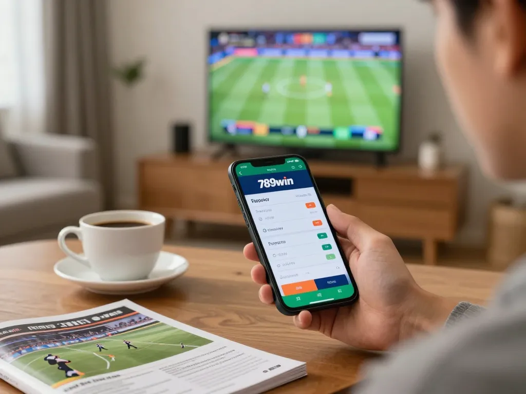Placing a bet on the 789win app during an exciting sports event at home.