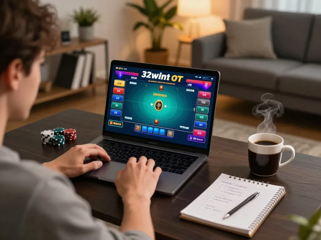 Player engaged in poker game on 32win's online platform using laptop, with strategic notes visible.